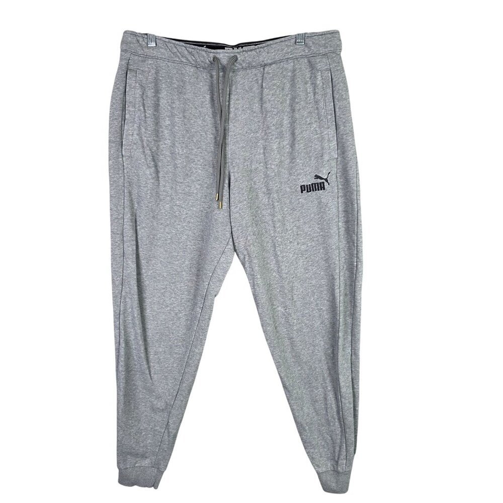 Mens Puma Grey Jogger Sweatpants Drawstring Waist Cotton Blend Ribbed Cuffs L